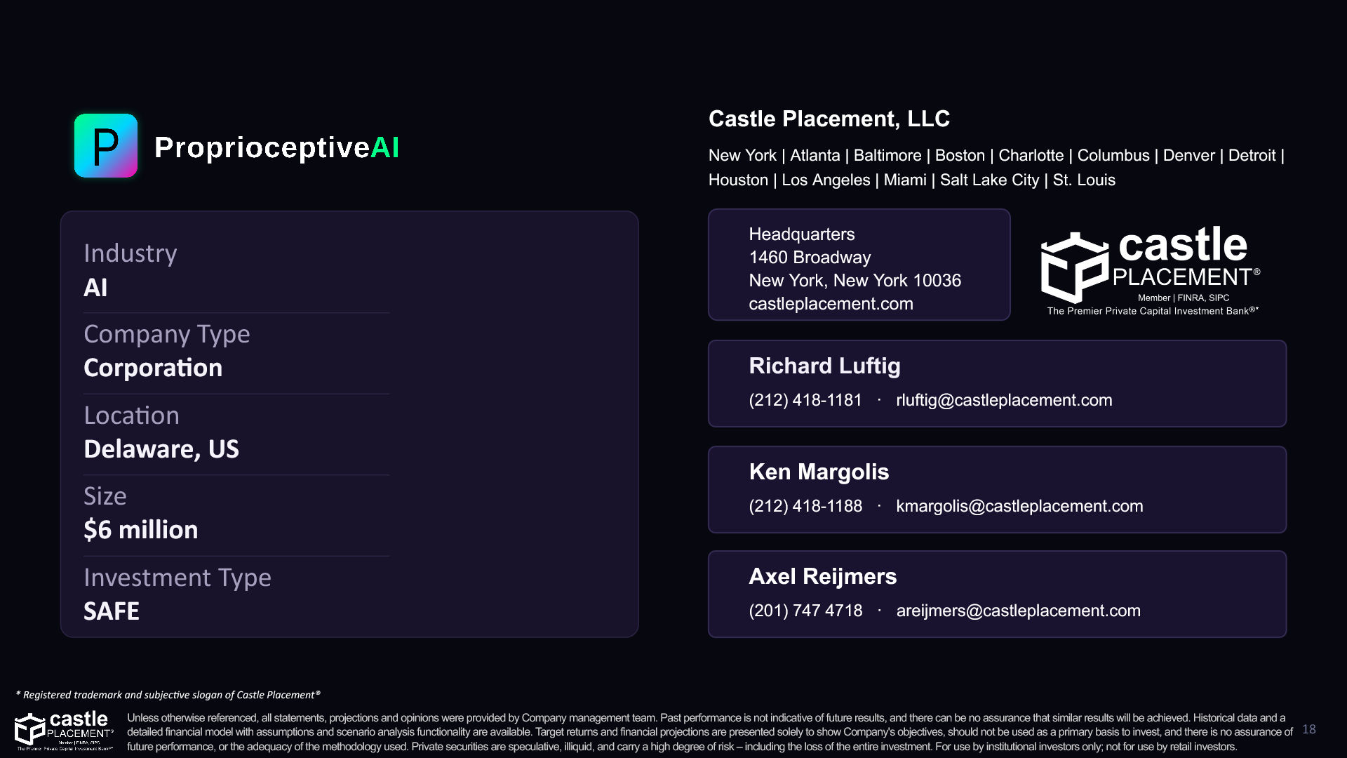 Slide 18: 18 — Unless otherwise referenced, all statements, projections and opinions were provided by Company management team. Past performance is not indicative of future results, and there can be no assurance that similar results will be achieved. Historical data and a detailed financial model with assumptions and scenario analysis functionality are available. Target returns and financial projections are presented solely to show Company's objectives, should not be used as a primary basis to invest, and there is no assurance of future performance, or the adequacy of the methodology used. Private securities are speculative, illiquid, and carry a high degree of risk – including the loss of the entire investment. For use by institutional investors only; not for use by retail investors.